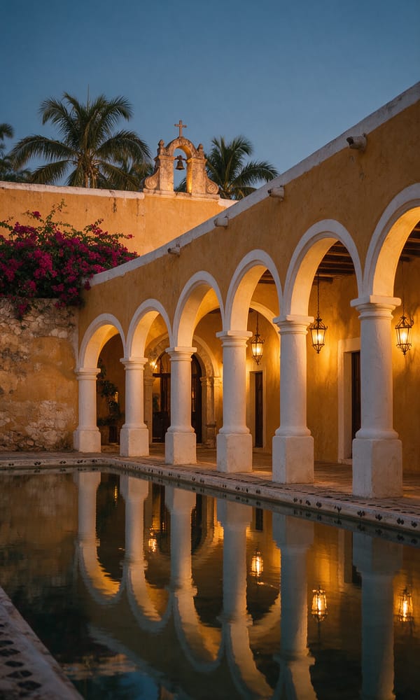 An arcaded hacienda courtyard near Mérida with a reflecting pool and bougainvillea at dusk