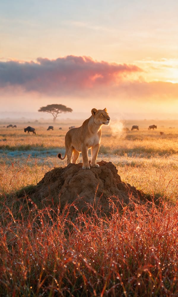 A lioness on a termite mound in dewy Masai Mara grass at sunrise with wildebeest behind