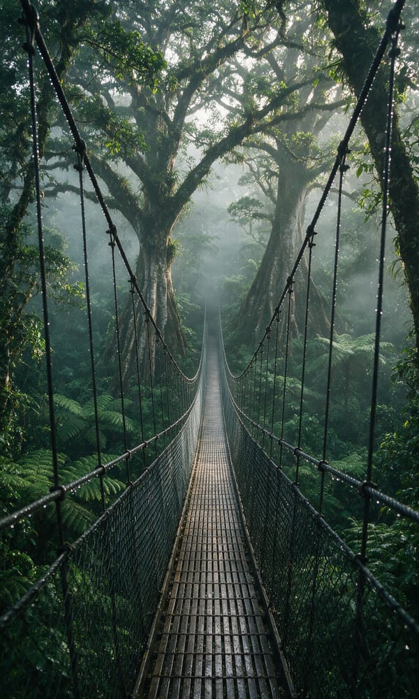A steel canopy walkway running into mist above the tree ferns of Nyungwe Forest