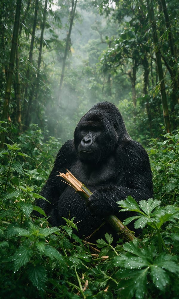 A silverback gorilla among wet nettles and bamboo in the misty forest of Volcanoes National Park