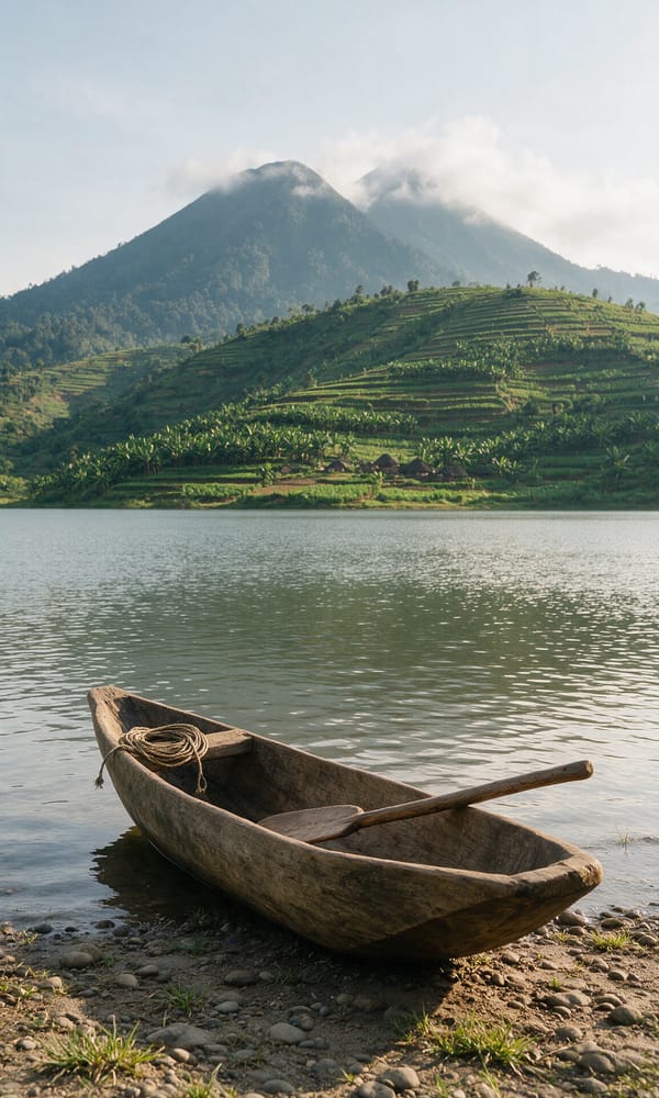 A wooden dugout canoe on the shore of Lake Burera below terraced hills and the Virunga cones