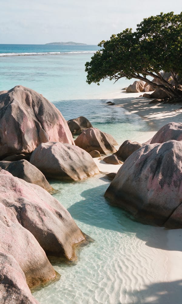 Weathered pink granite boulders and shallow turquoise water at Anse Source d'Argent, La Digue