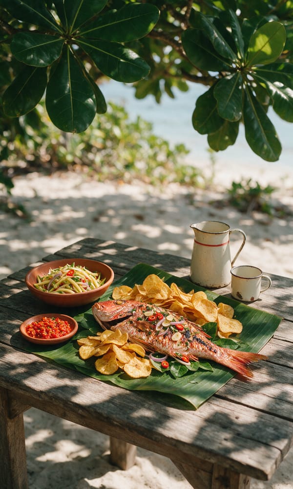 Grilled red snapper, breadfruit chips and mango salad on a shaded wooden table by the sea