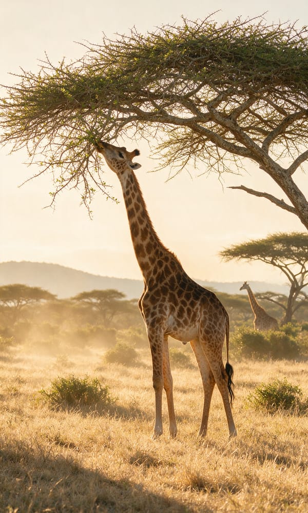 A giraffe browsing a flat-topped acacia in golden dawn light on an East African plain