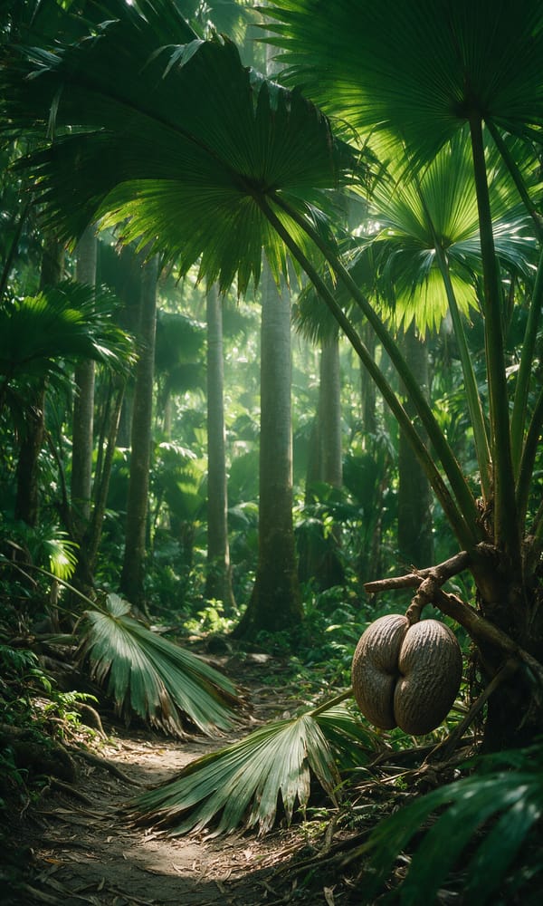 Giant coco de mer fronds over a leaf-litter path in the Vallée de Mai forest on Praslin