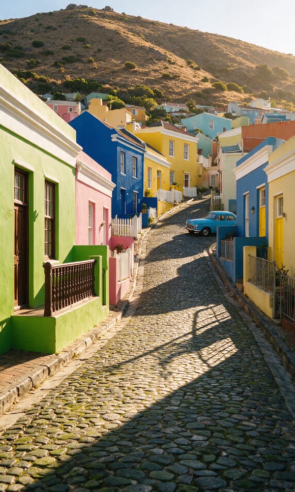 Brightly painted Bo-Kaap houses climbing a cobbled Cape Town street below Signal Hill