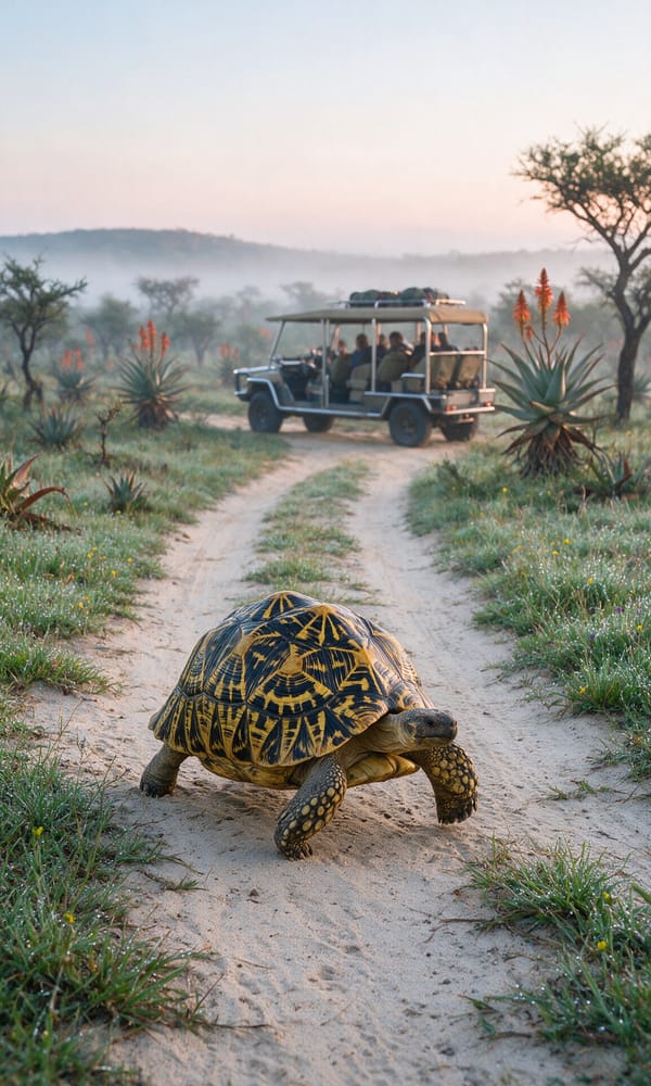 A leopard tortoise crossing a sandy track ahead of a stopped safari vehicle at dawn