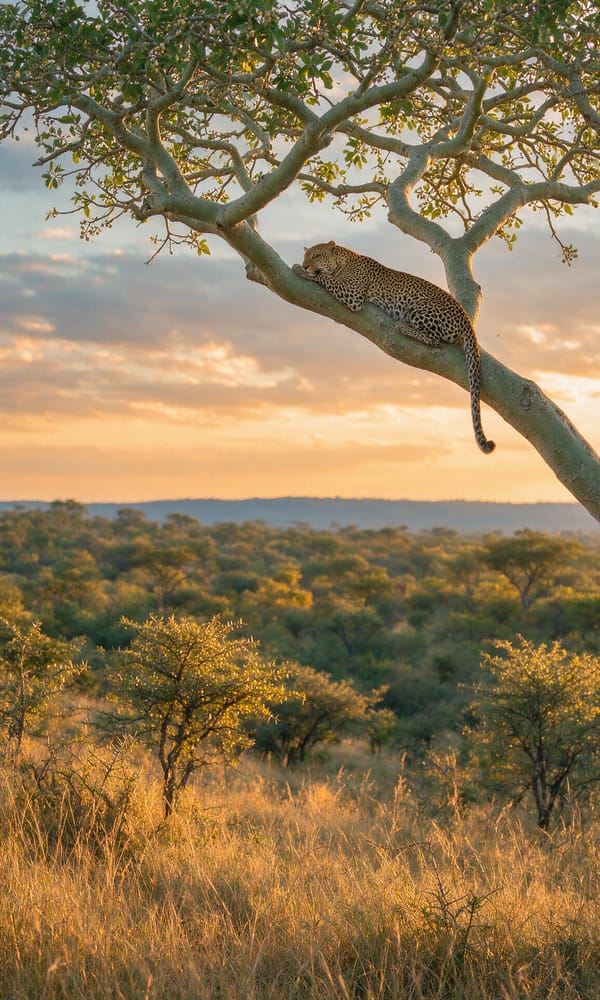 A leopard stretched along a marula branch at last light in the Sabi Sand bush