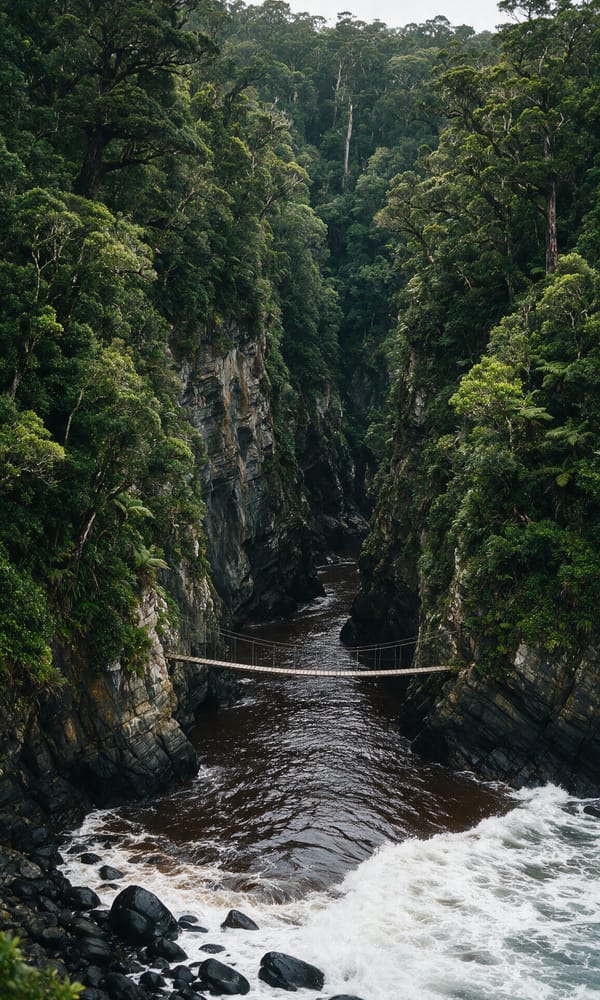 A suspension footbridge over the dark Storms River mouth between forested cliffs at Tsitsikamma
