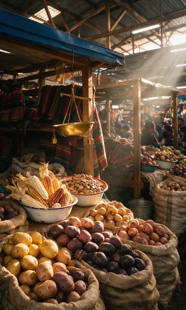 Sacks of yellow, purple and black native potatoes at a Cusco market stall in morning light