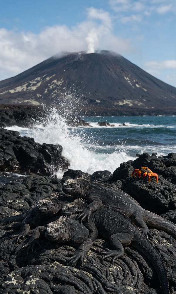 Marine iguanas piled on black lava with an orange crab and surf breaking behind on Fernandina