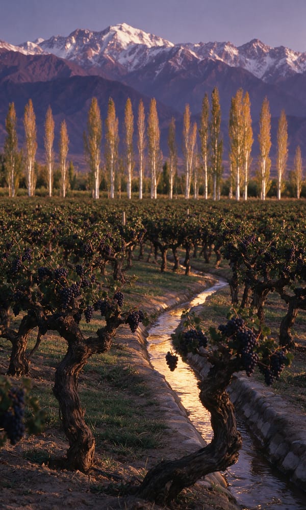 Old Malbec vines heavy with fruit in a Mendoza vineyard below the snow-topped Andes at dusk