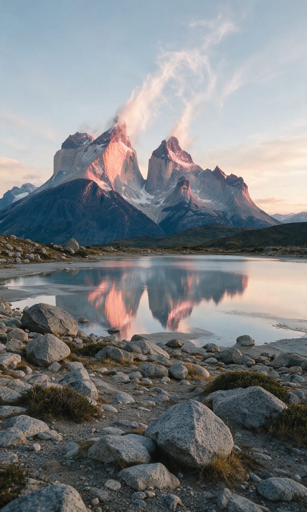 The three granite towers of Torres del Paine turning pink at dawn above a glacial lagoon