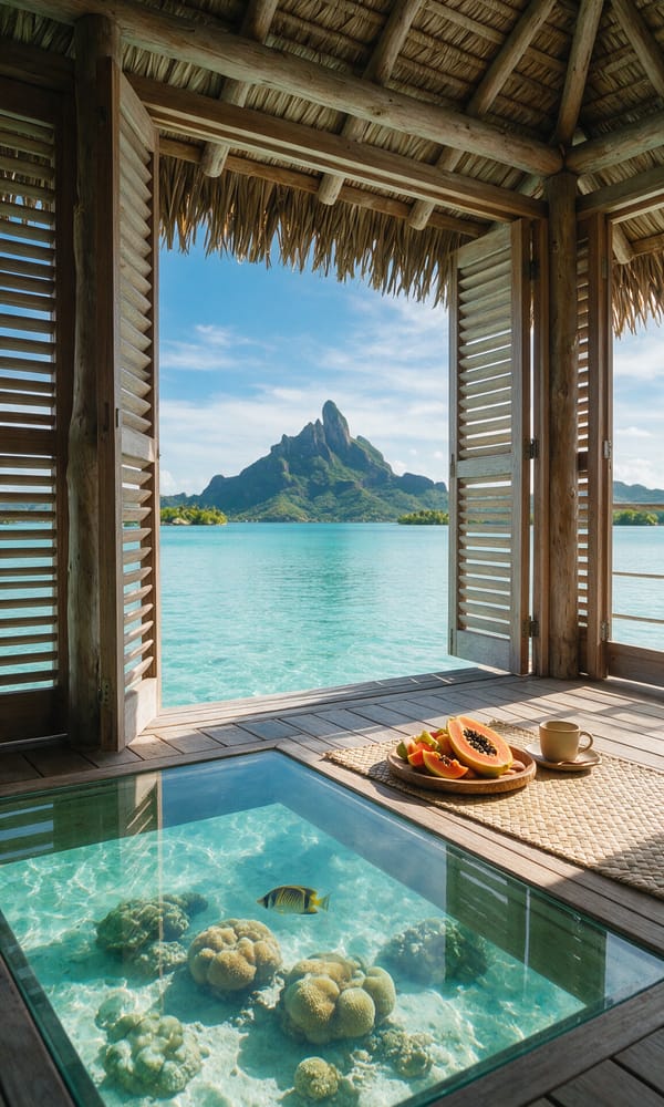 A glass floor panel and breakfast tray inside an overwater bungalow on the Bora Bora lagoon