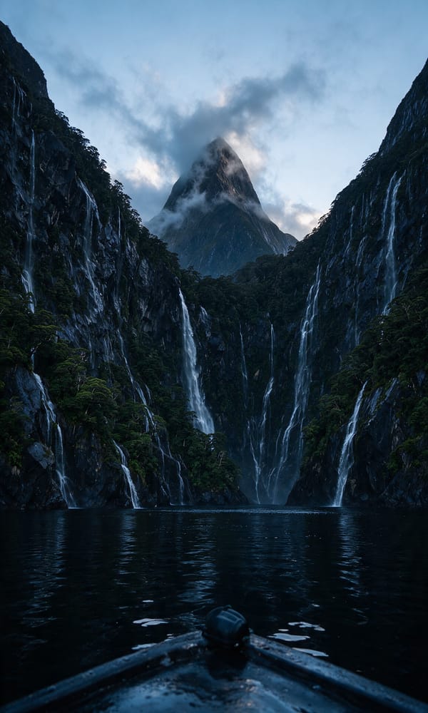 Waterfalls streaking the sheer wet walls below Mitre Peak in Milford Sound at dawn after rain