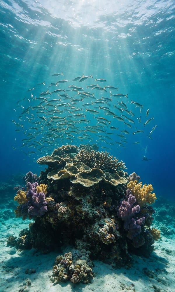 A coral bommie and a school of fusiliers on the outer Great Barrier Reef, a diver distant beyond
