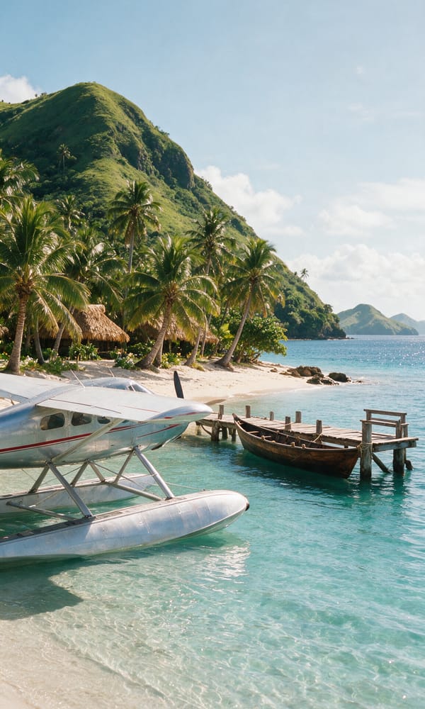 A floatplane moored in turquoise shallows off a palm-fringed private island in Fiji's Yasawa chain