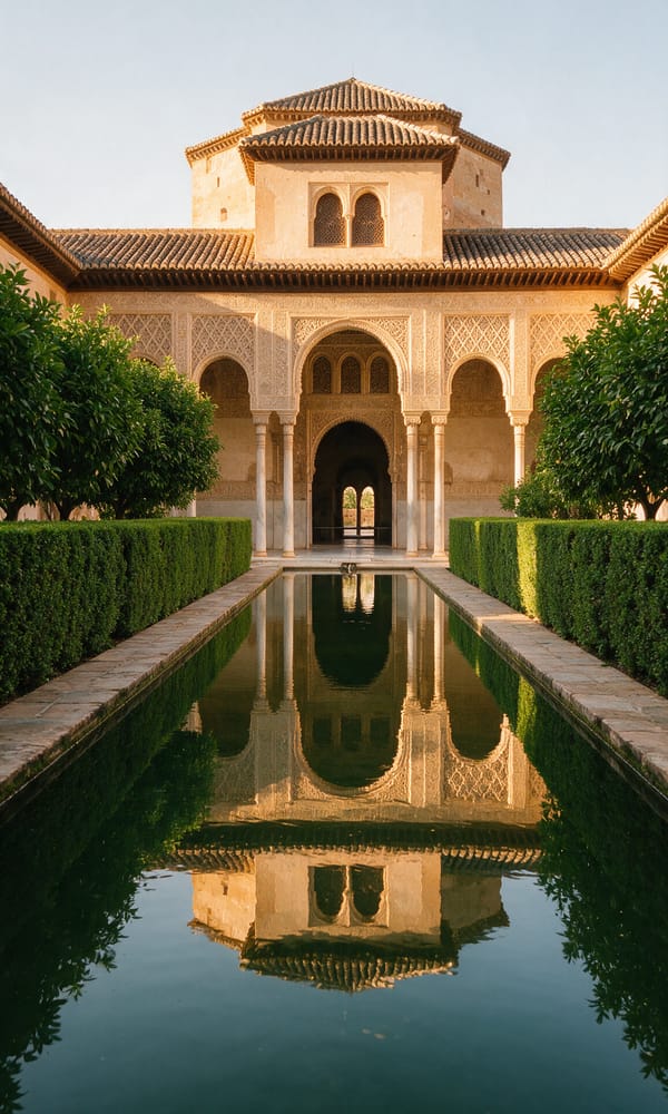 The Comares tower mirrored in the myrtle-lined reflecting pool of an empty Alhambra courtyard