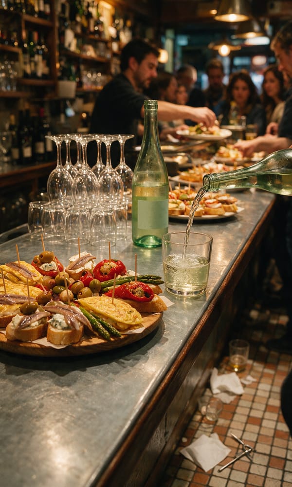 A zinc bar counter crowded with pintxos and wine glasses in San Sebastián's old town at night