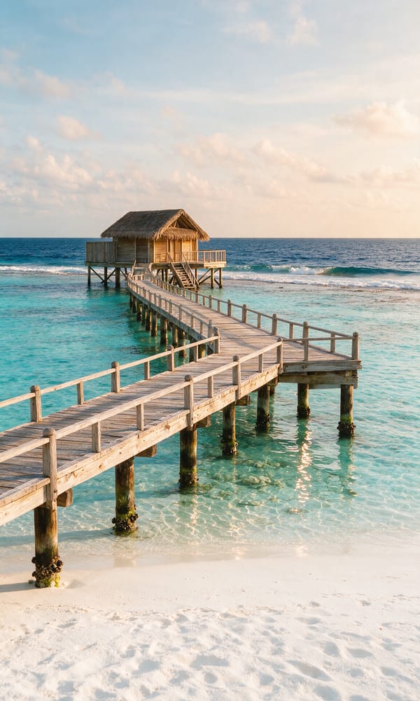 A timber jetty running over clear shallows to a thatched overwater villa on a Maldivian atoll