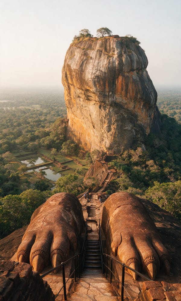 Sigiriya's carved lion paws and staircase below the sheer ochre rock face in early morning haze