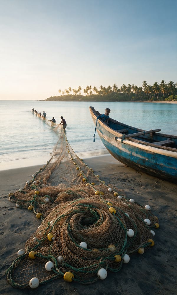A coiled seine net and blue fishing boat on wet sand at Uppuveli as fishermen haul offshore