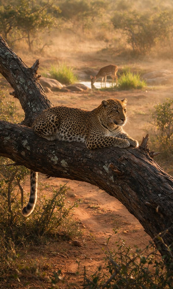A leopard stretched along a fallen branch above a red track at dawn in Yala National Park