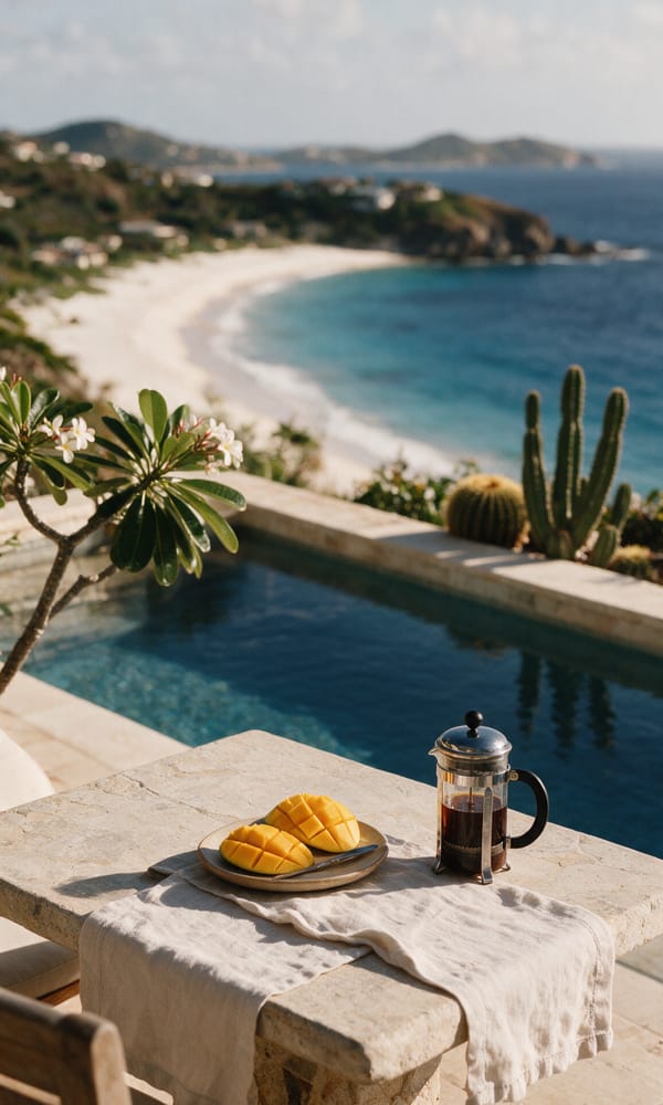 A stone terrace table above the white crescent of Anse de Gouverneur, frangipani and cactus at the edge