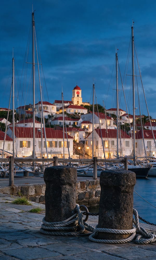 Yacht masts along the stone quay at Gustavia with red-roofed white houses climbing the hill at dusk