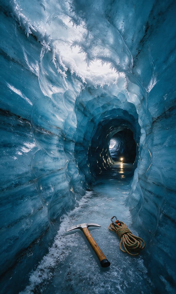 A narrow passage of ribbed blue ice inside a glacier cave above Longyearbyen