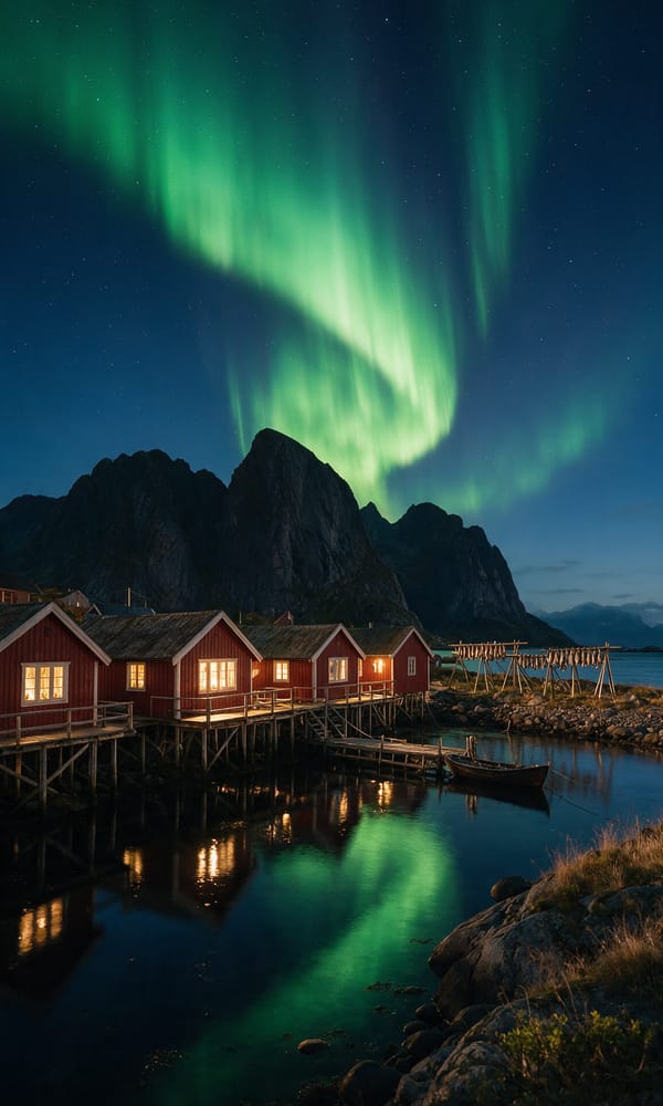Green aurora over red timber cabins on stilts in a Lofoten fishing village