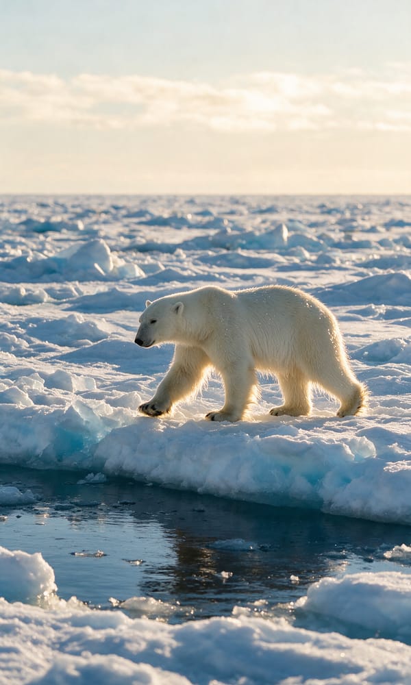 A polar bear walking the edge of a floe on the pack ice north of Spitsbergen