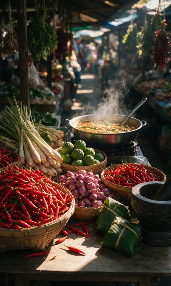 Baskets of chillies, lemongrass and kaffir limes on a Chiang Mai morning market table