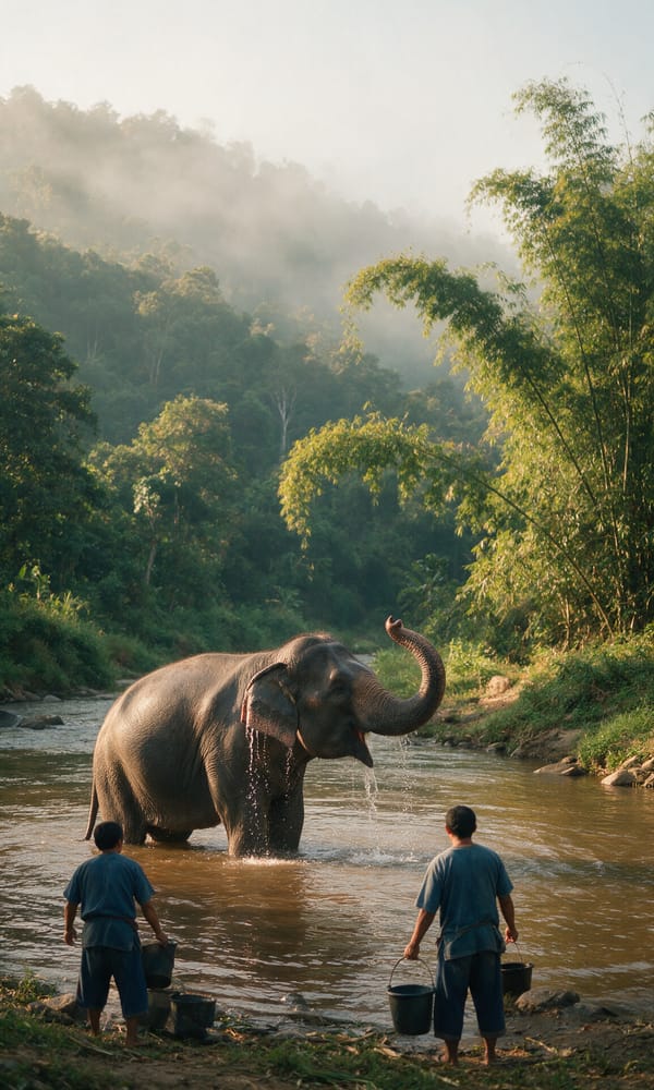 An Asian elephant standing chest-deep in a river below misty forested ridges near Chiang Mai