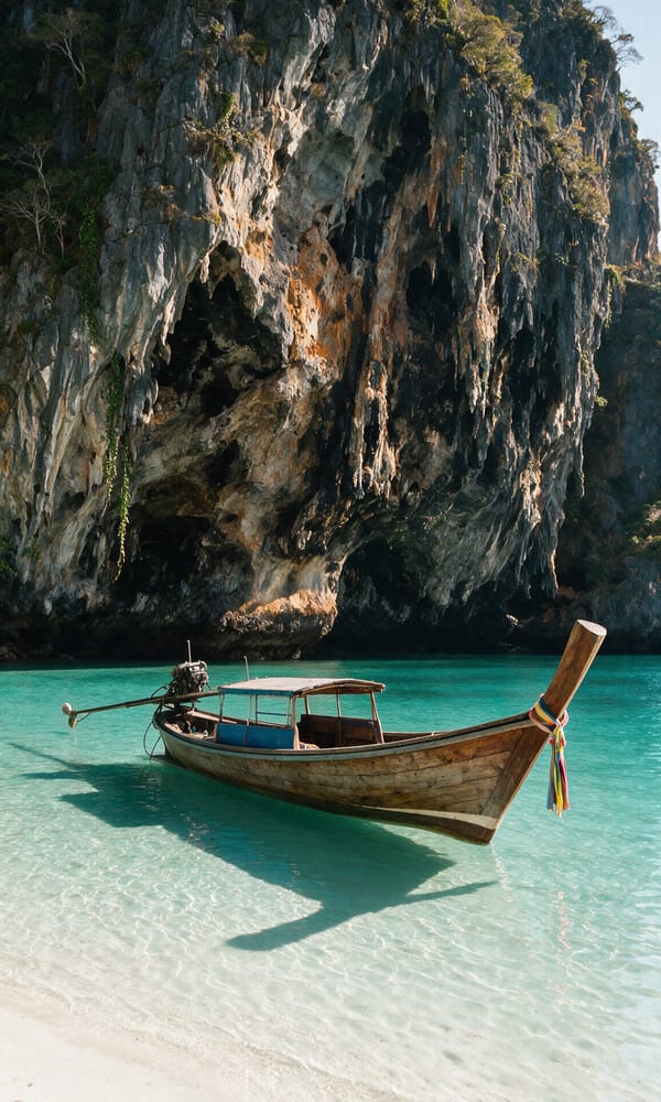 A longtail boat moored in turquoise shallows below an overhanging limestone karst at Railay