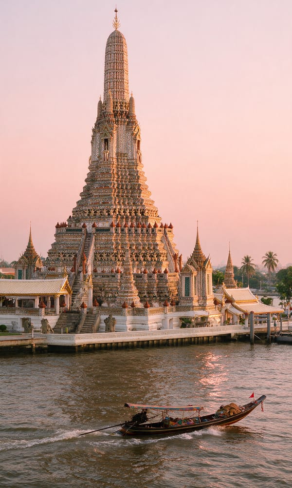 Wat Arun's porcelain-encrusted prang above the Chao Phraya as a longtail boat passes at dawn