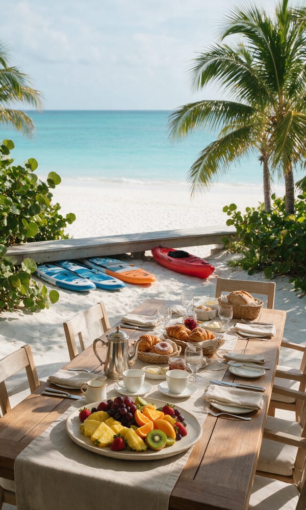 A shaded breakfast table and stacked paddleboards on a Grace Bay villa terrace above turquoise water