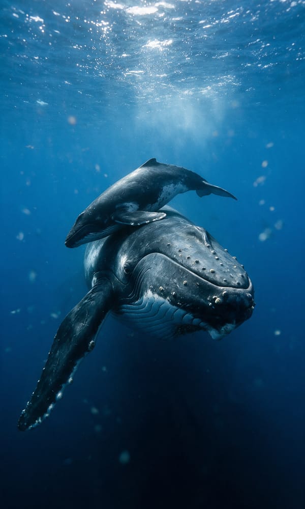 A humpback mother and calf suspended in clear blue water in the Turks Island Passage