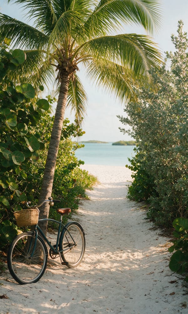 A bicycle leaning by a sand track through sea grape to an empty Pine Cay beach