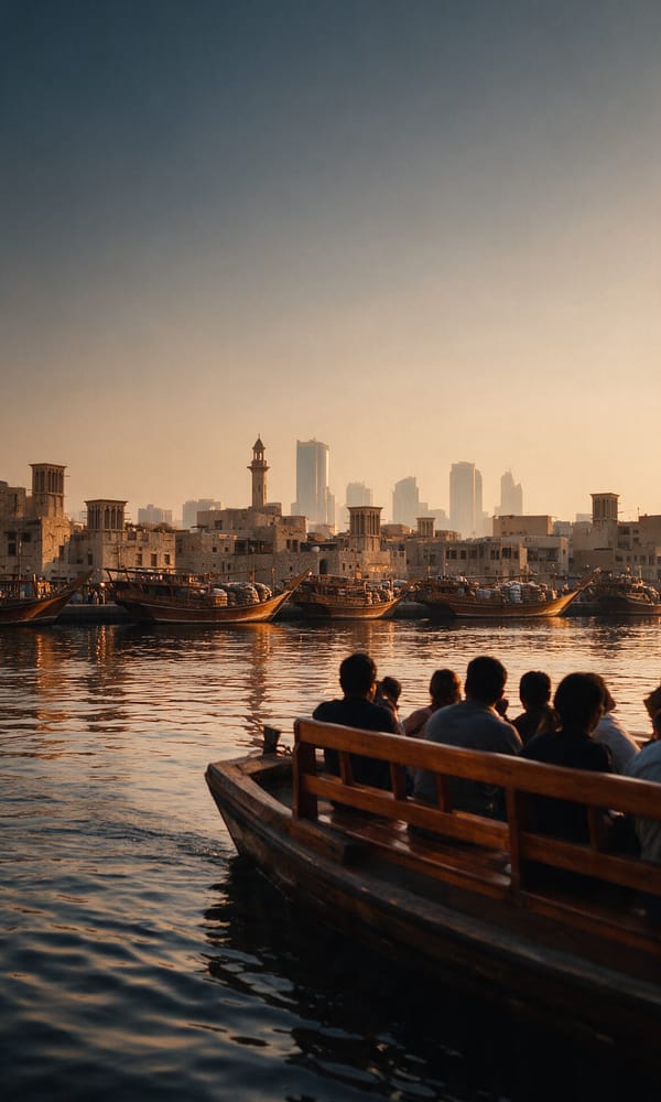 A wooden abra crossing Dubai Creek at dusk past moored dhows and Al Fahidi wind towers