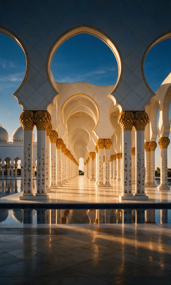 Inlaid white marble columns along the Sheikh Zayed Grand Mosque arcade in late afternoon light