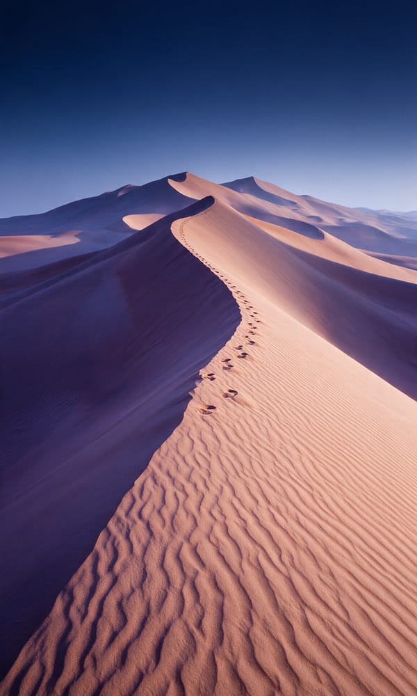 A sharp ridge climbing a vast Liwa dune at sunrise with footprints along the crest
