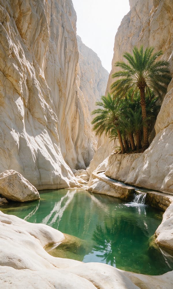 An emerald pool between sheer limestone walls with date palms in an Omani wadi
