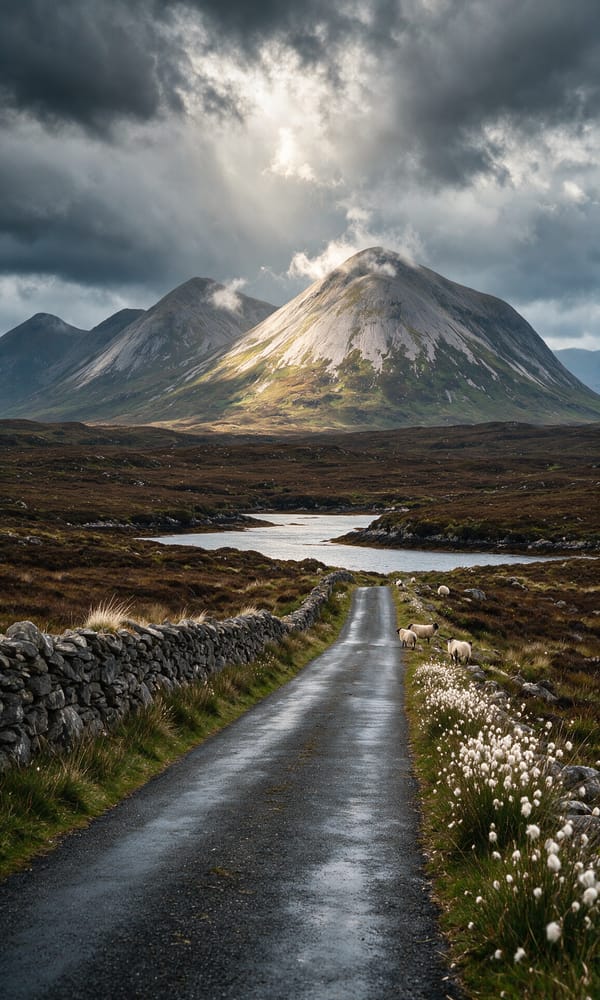 A single-track road between dry-stone walls running through Connemara bog toward the Twelve Bens