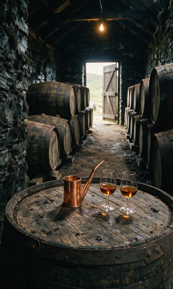 Two nosing glasses and a copper valinch on a cask head in a Highland distillery warehouse