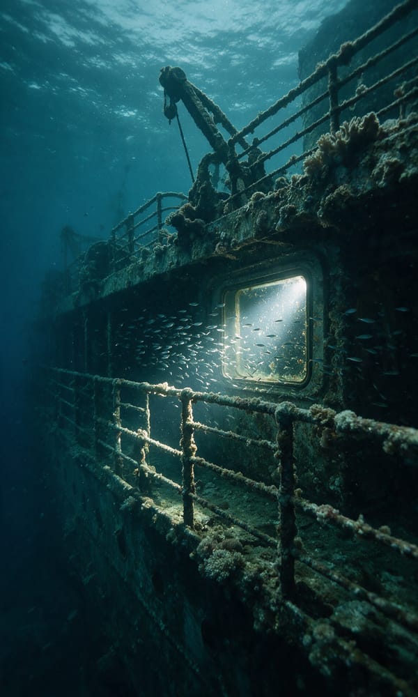A diver's torch on the coral-crusted flank of the President Coolidge wreck off Espiritu Santo