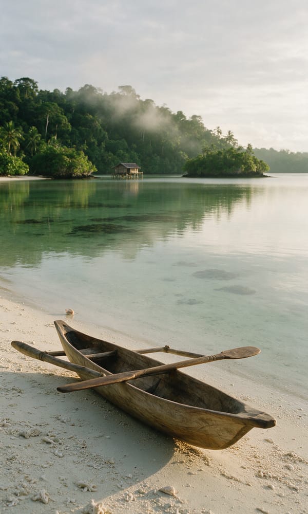 A dugout outrigger canoe on coral sand at first light on Marovo Lagoon