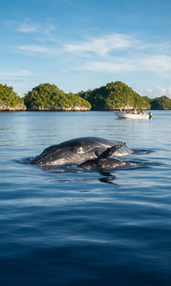 A humpback mother and calf at the surface off Vava'u with a whale-watch boat standing off