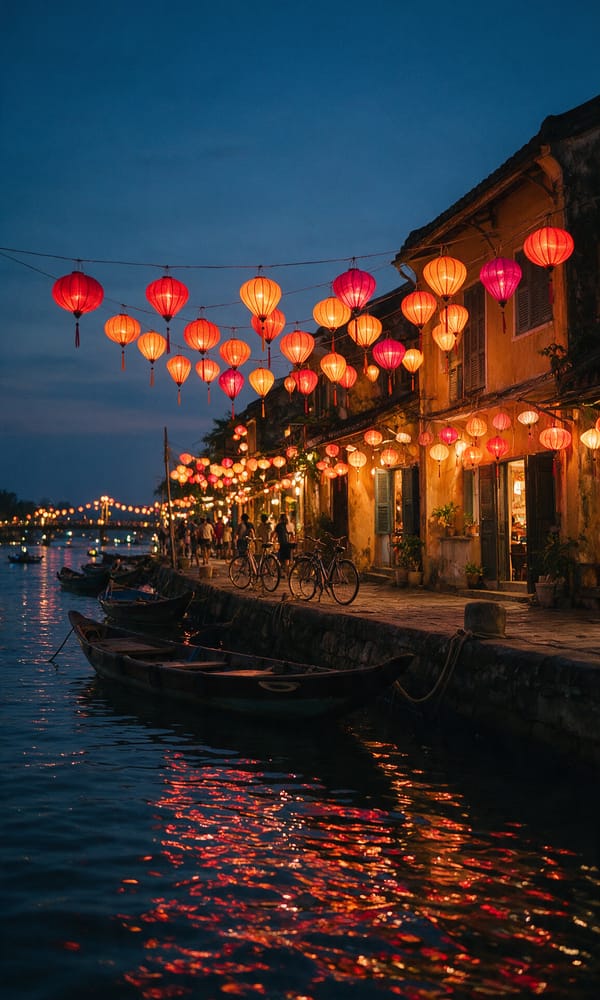 Silk lanterns strung above ochre shophouses and moored sampans on the Hoi An riverfront at dusk