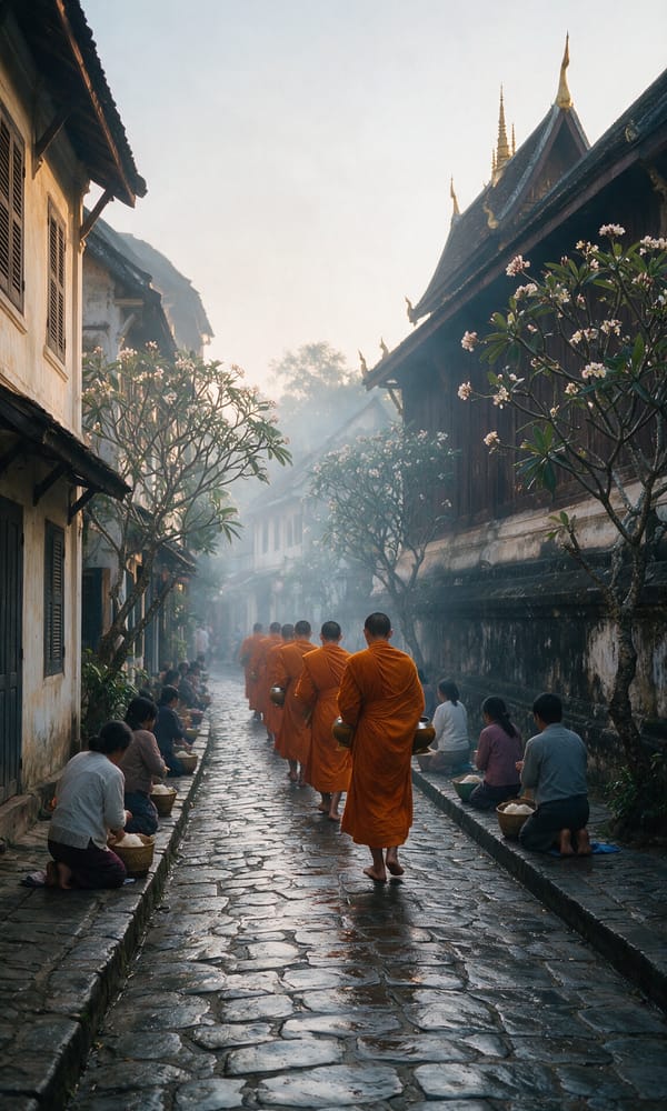 Saffron-robed monks walking away down a misty Luang Prabang lane past kneeling almsgivers at dawn